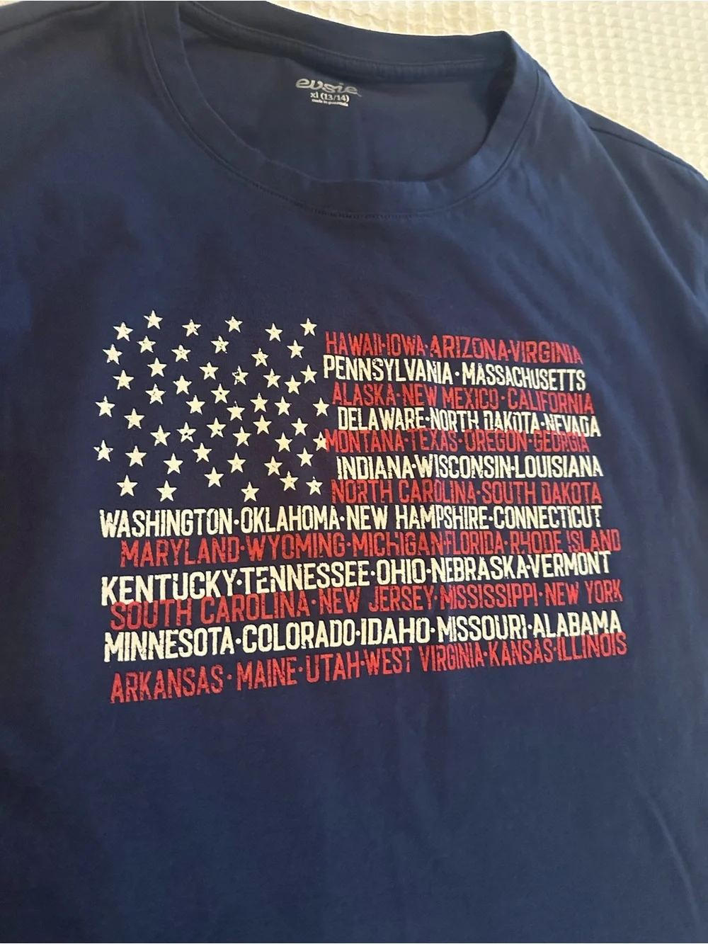 Maurices Navy Short Sleeve Tee with Red, White Star-Text Flag Graphic